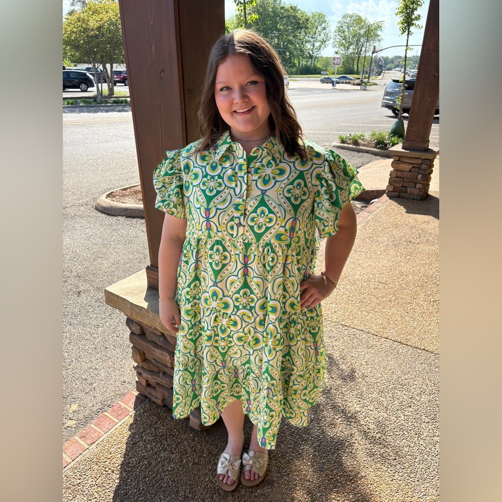 Elegant Green and White Floral Dress
